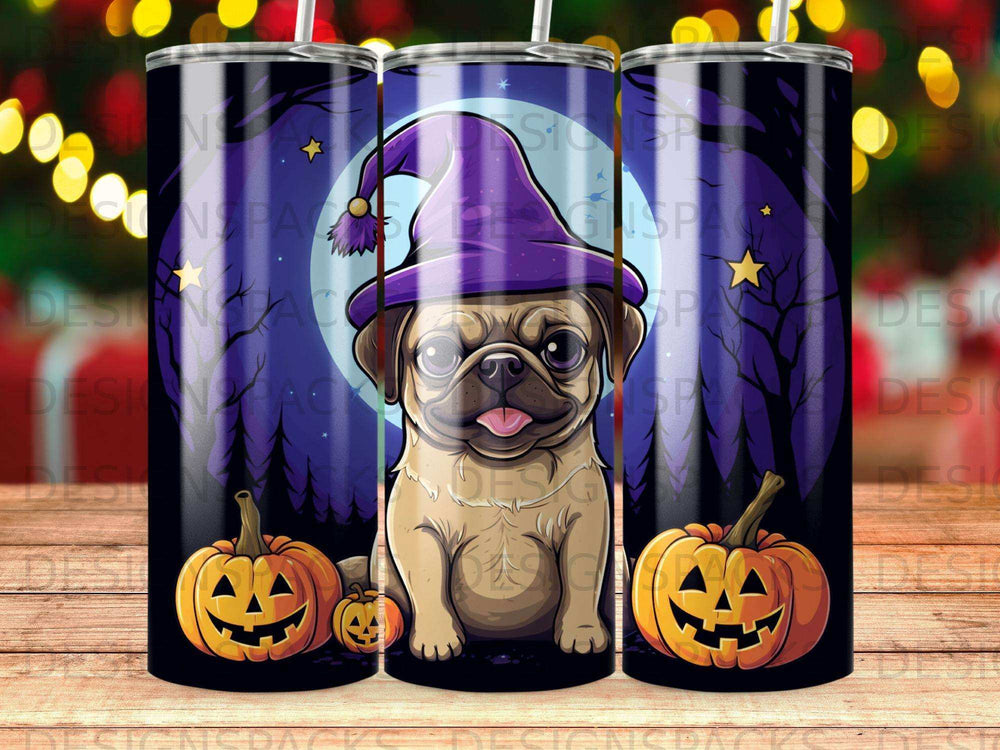Pug in witch hat with pumpkins under a starry night sky.
