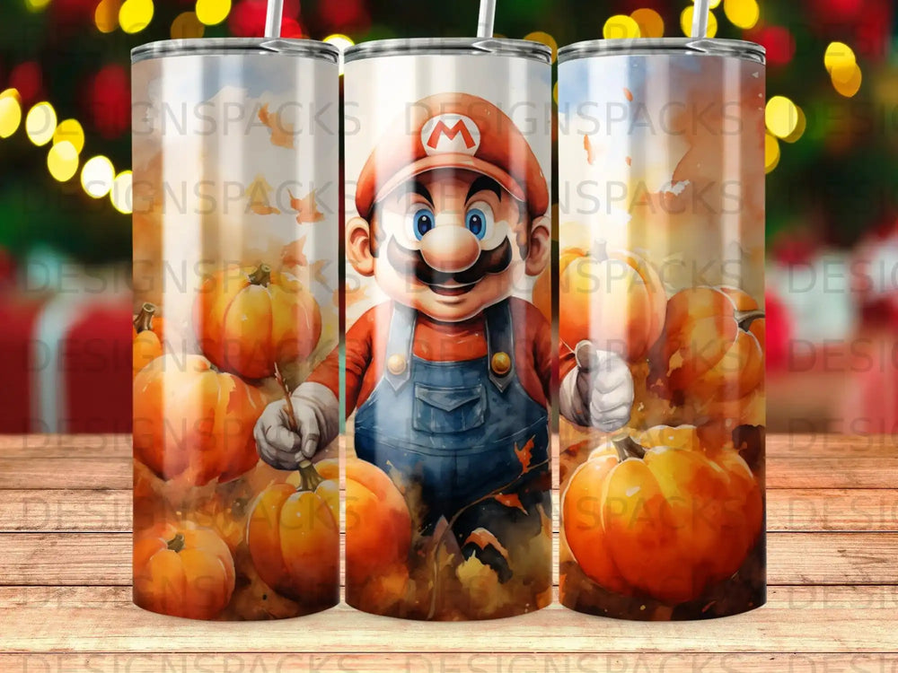 Mario character in overalls with pumpkins.