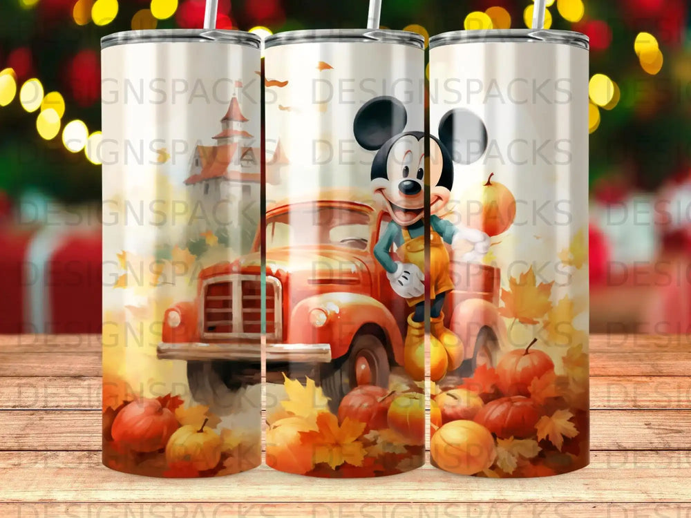 Mickey Mouse in overalls holding pumpkins next to a vintage orange truck.