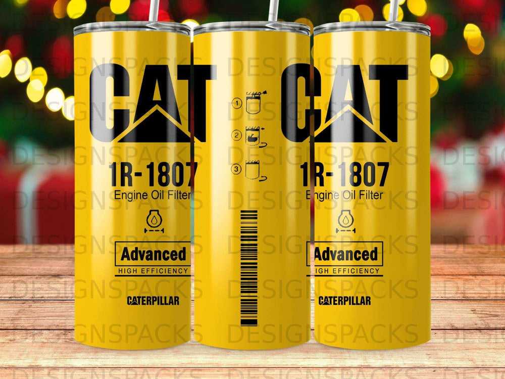 CAT Engine Oil Filter thermos with "1R-1807" and "Advanced High Efficiency".