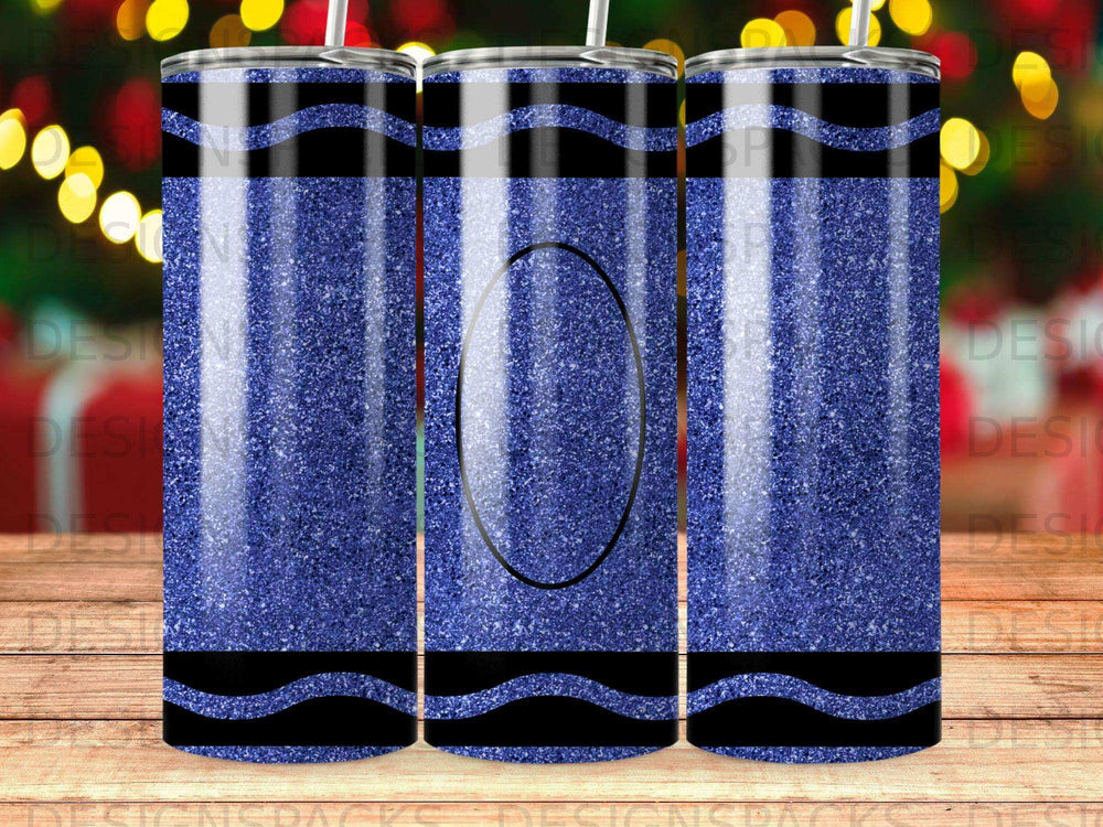 Blue sparkly crayon tumbler with black stripes and white lid.