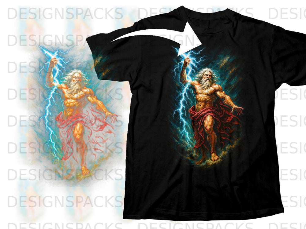 Black t-shirt with a graphic of Zeus wielding a lightning bolt.