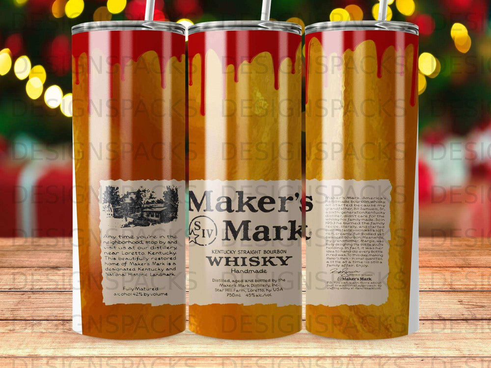 Maker's Mark Kentucky Straight Bourbon Whisky tumbler with distillery information.