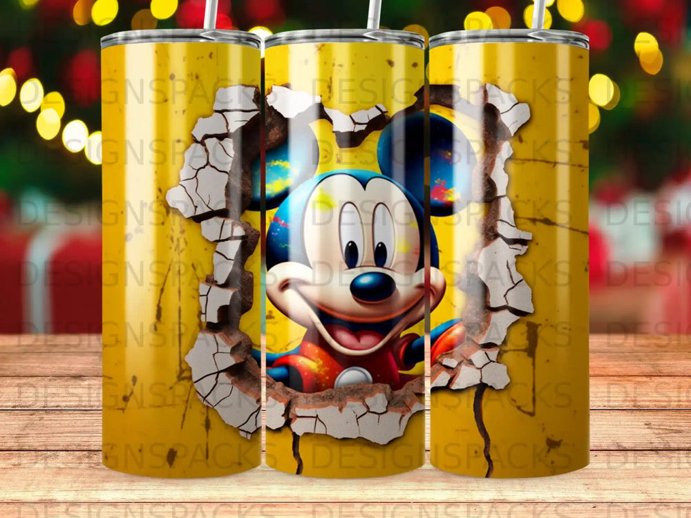 Mickey Mouse peeks through a cracked yellow wall on a tumbler.