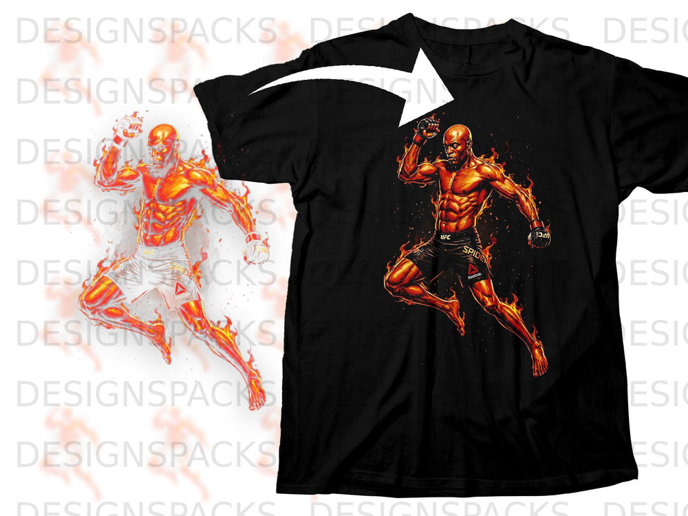 Black t-shirt with a graphic of Anderson Silva on fire.