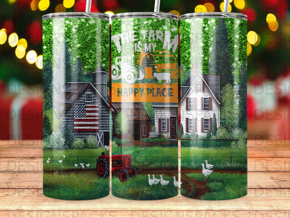 Farmhouse scene with tractor and animals on a tumbler.