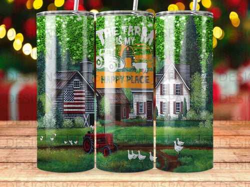 Farmhouse scene with tractor and animals on a tumbler.