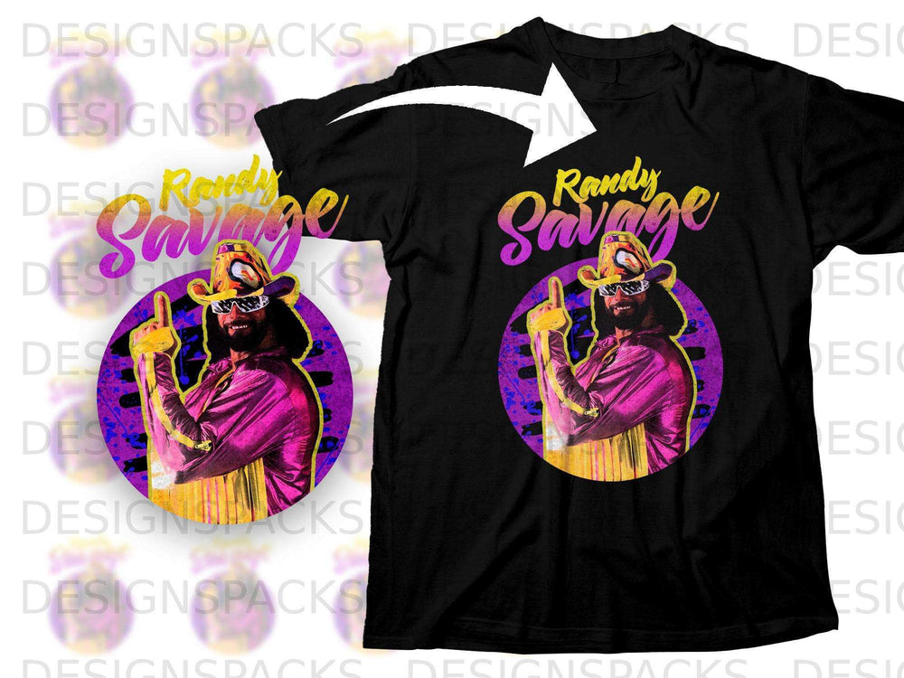 Black t-shirt with colorful graphic of Randy Savage wearing sunglasses and pointing up.