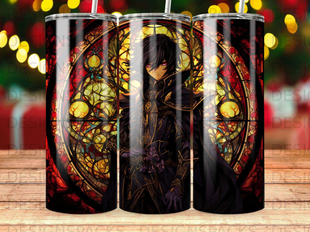 Anime character Lelouch Lamperouge against a stained glass background.