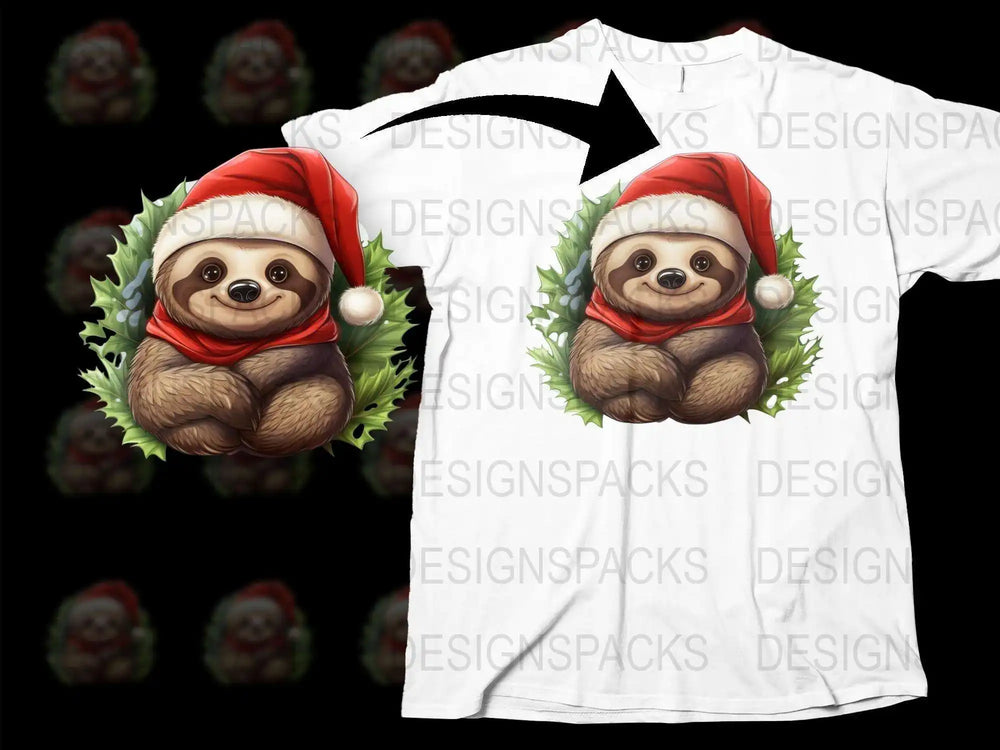 Christmas Sloth T-Shirt, Cute Santa Hat Sloth Graphic, Holiday Tee, Festive Animal Shirt, Unisex Winter Apparel, Gift Idea