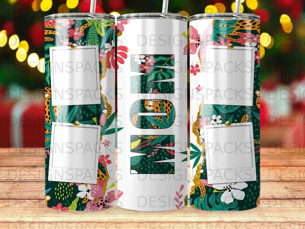 Floral tumbler with "Mom" text and photo frames.
