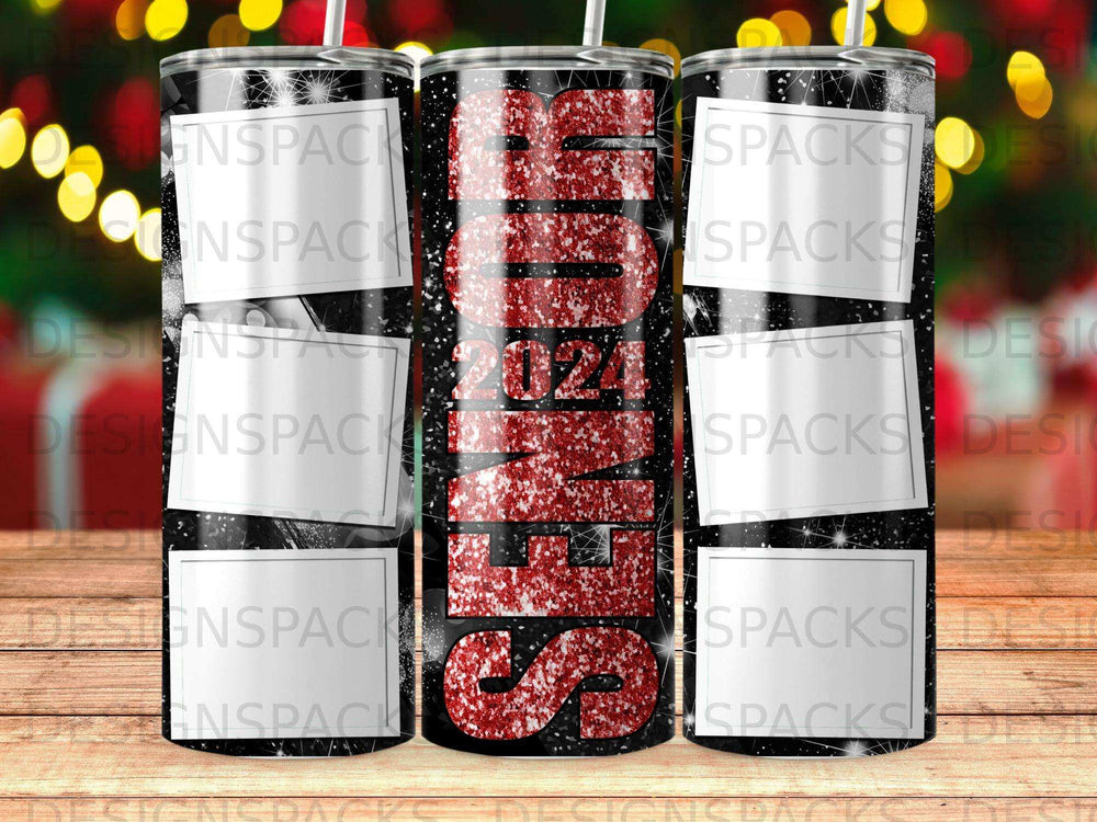 Glittering "MOMS 2024" text on a tumbler with a bokeh background.