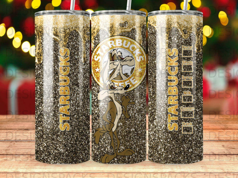 Starbucks tumbler with glitter and Wile E. Coyote graphic.