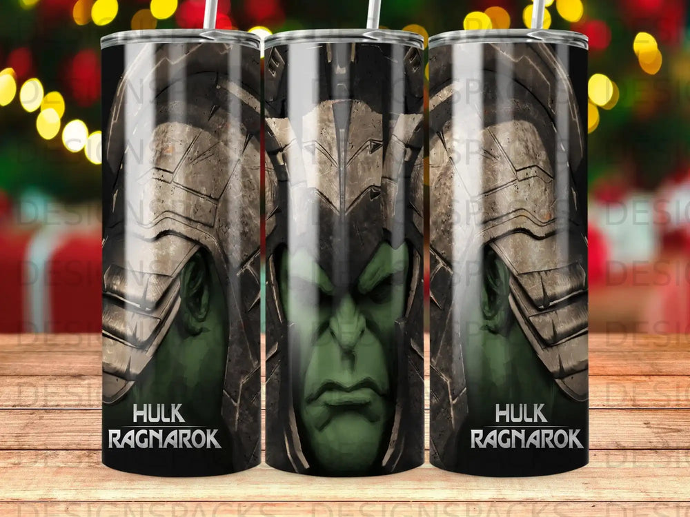 Hulk Ragnarok tumbler with close-up of Hulk's face and helmet.