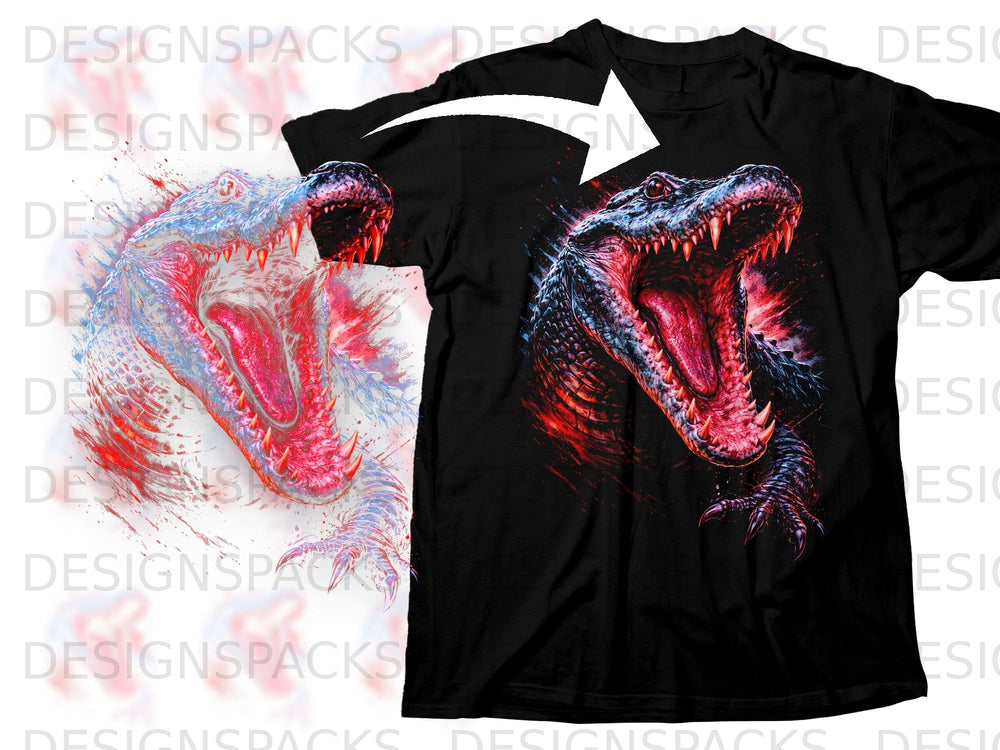 Black t-shirt with a roaring alligator graphic and a detached alligator head.