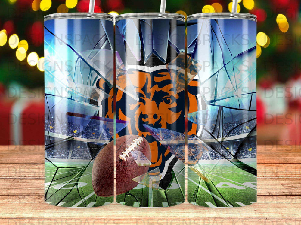 Football stadium with tiger logo and shattered glass design.