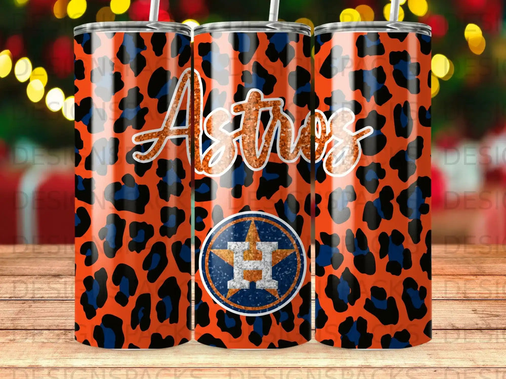 Houston Astros leopard print tumbler with straw.