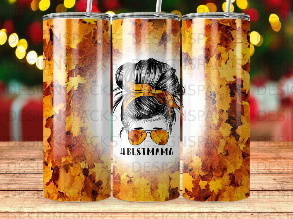 Tumbler with messy bun, sunglasses, and #BestMama text against fall leaves.