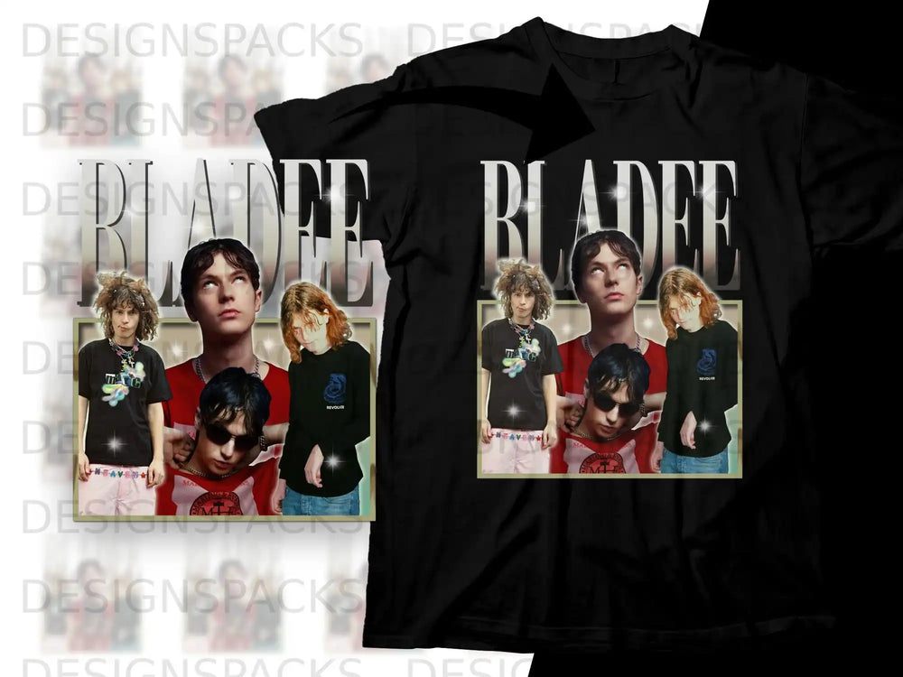 Black t-shirt featuring a collage of artist Bladee images and text.