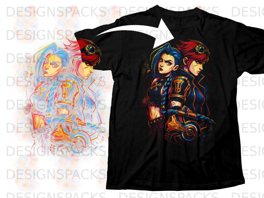 Black t-shirt featuring anime characters Jinx and Vi with a white arrow graphic.