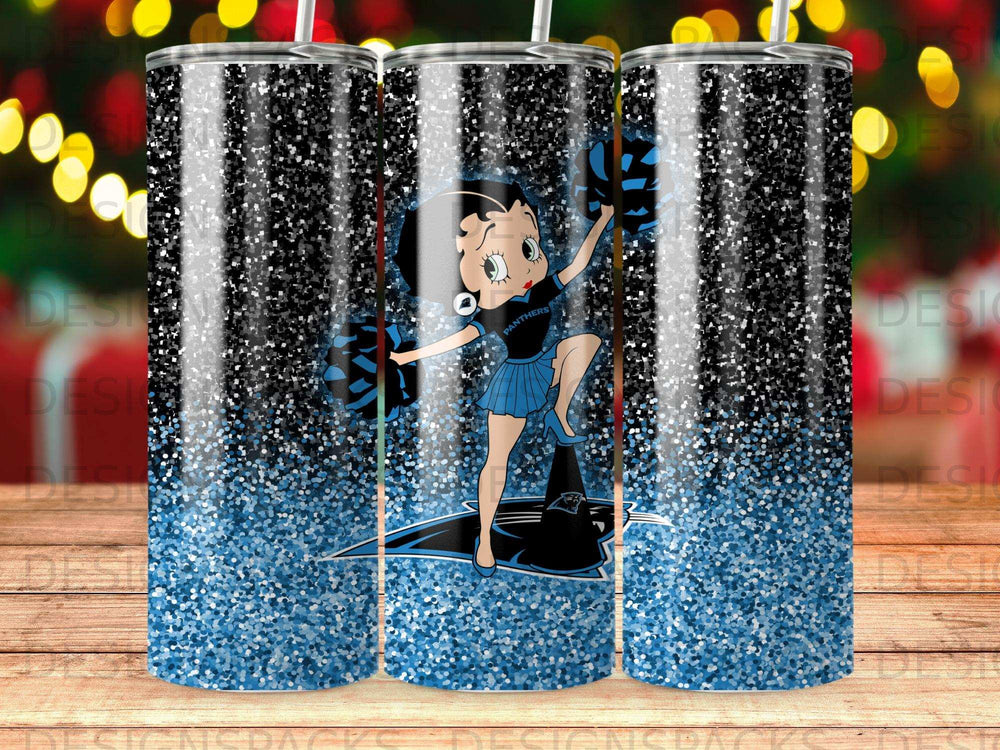 Betty Boop in a Panthers uniform on a sparkly blue glitter tumbler.