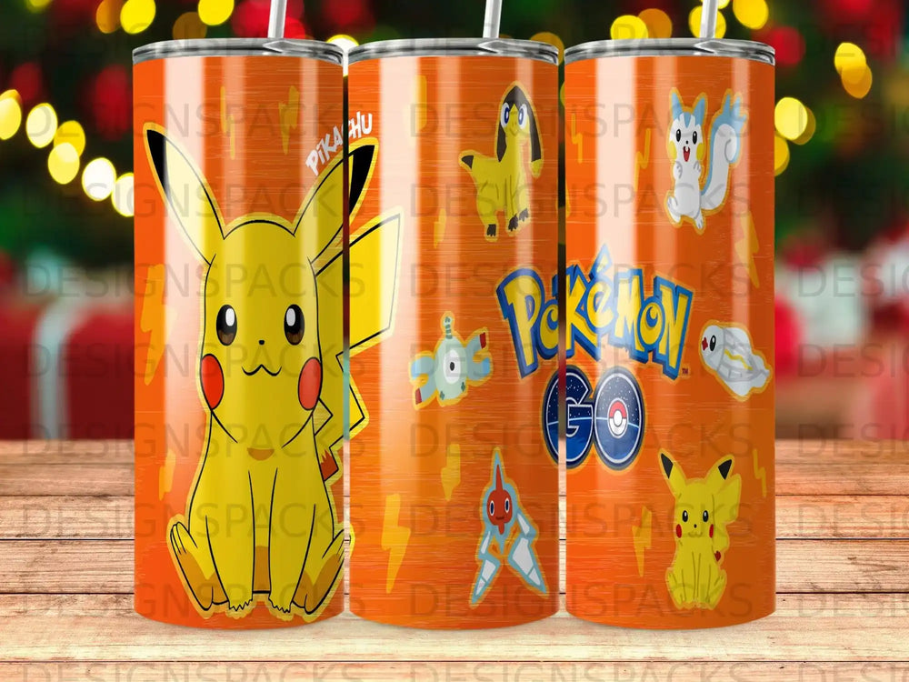 Pokemon characters Pikachu and Charmander on an orange tumbler with "Pokemon Go" logo.