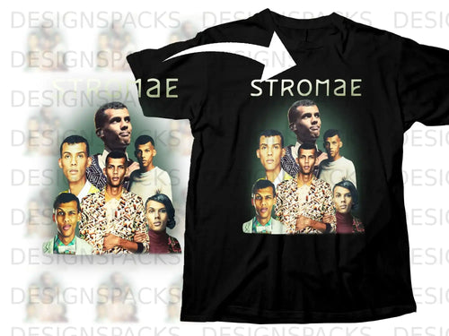 Black t-shirt with Stromae and group printed on the front.