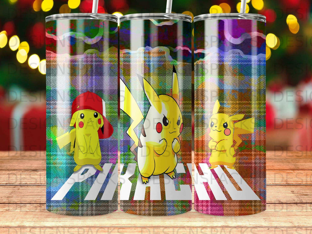 Pikachu characters with plaid pattern on a tumbler.