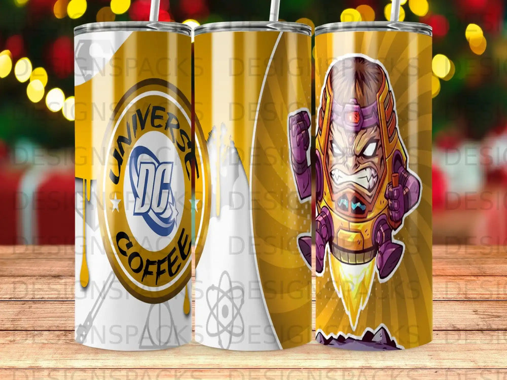 DC Comics' Darkseid in a yellow rocket on a patterned tumbler.