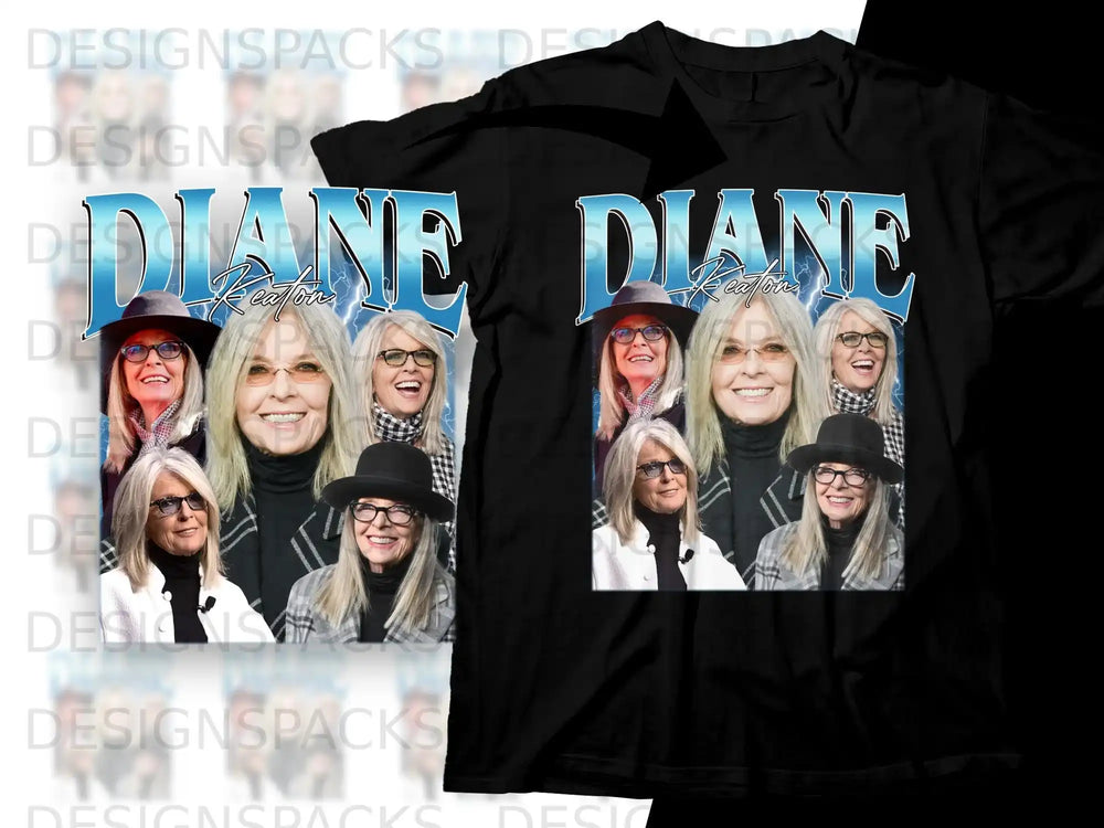 Diane Keaton collage on black t-shirt.