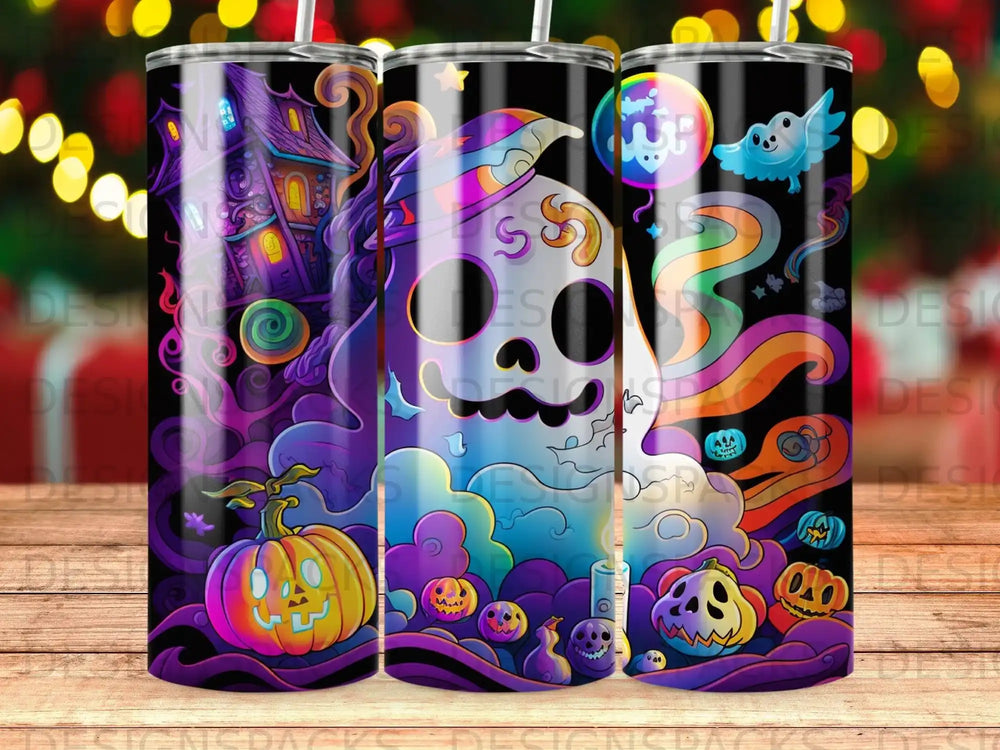 Halloween-themed tumbler with a ghost, pumpkins, and spooky house.