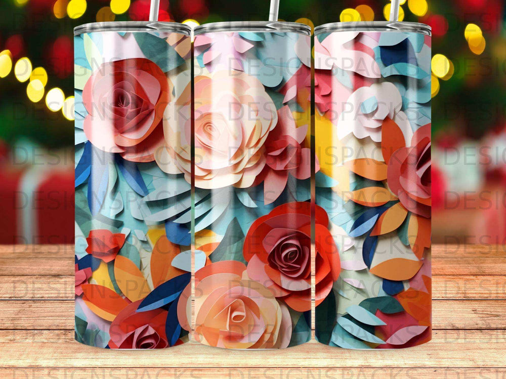 Three tumblers with a floral design and abstract foliage.