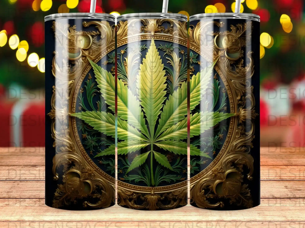 Gold ornate frame with a green cannabis leaf in the center.