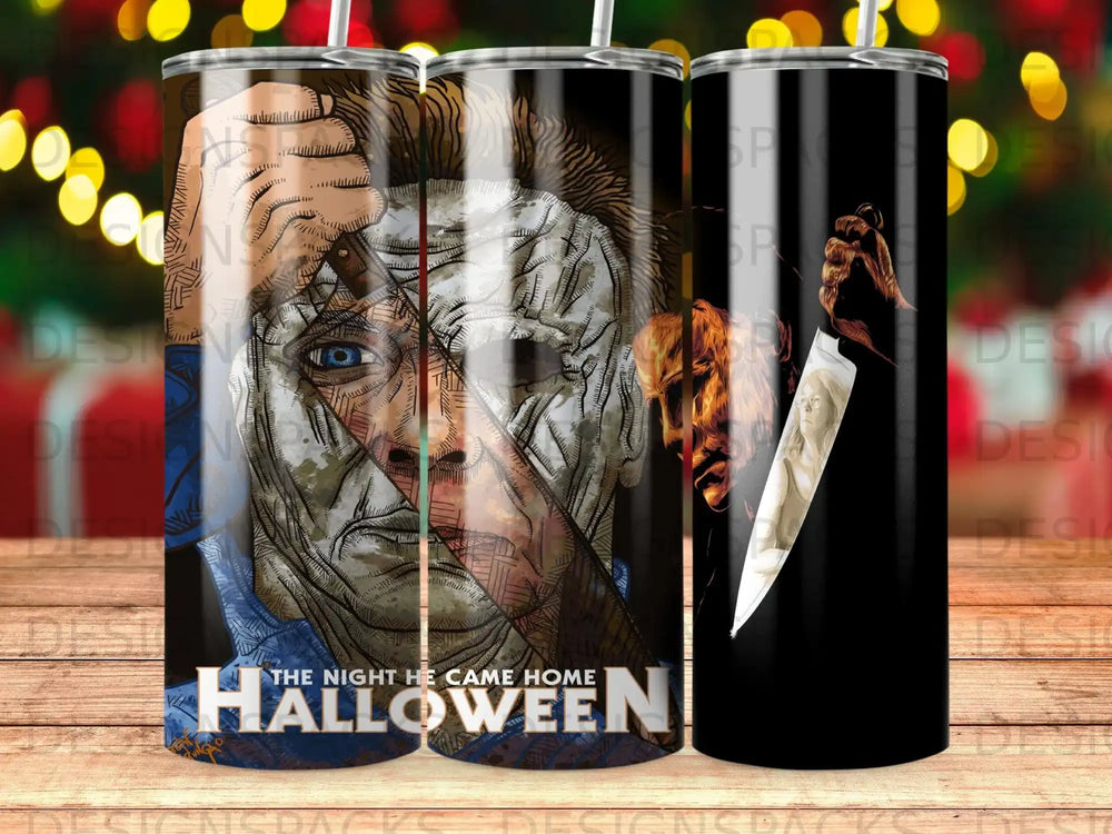 Halloween Michael Myers tumbler with "The Night He Came Home" text.