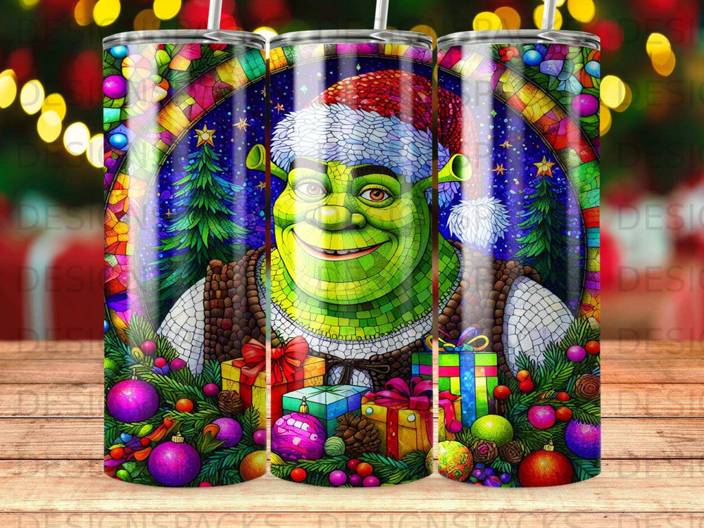 Shrek in Santa hat with Christmas tree, gifts, and ornaments.
