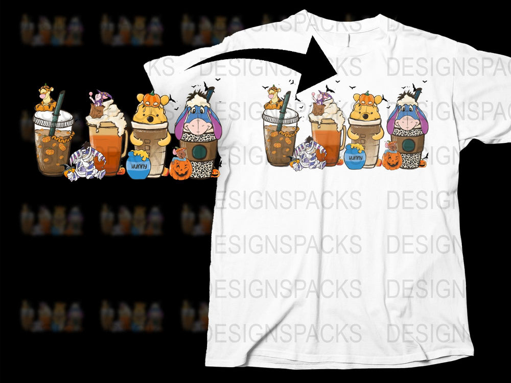 Cute Animal Halloween T-Shirt, Fall Pumpkin Spice Cartoon Characters, Kids and Adults Sizes Available
