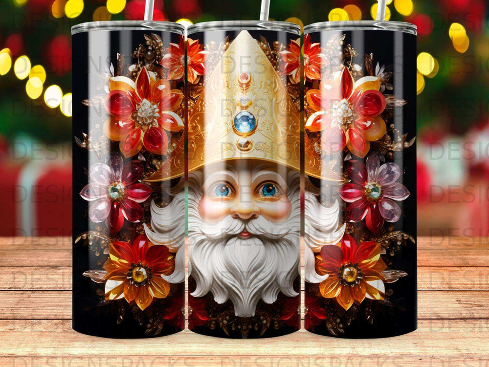 Santa Claus with a golden crown and festive floral accents.