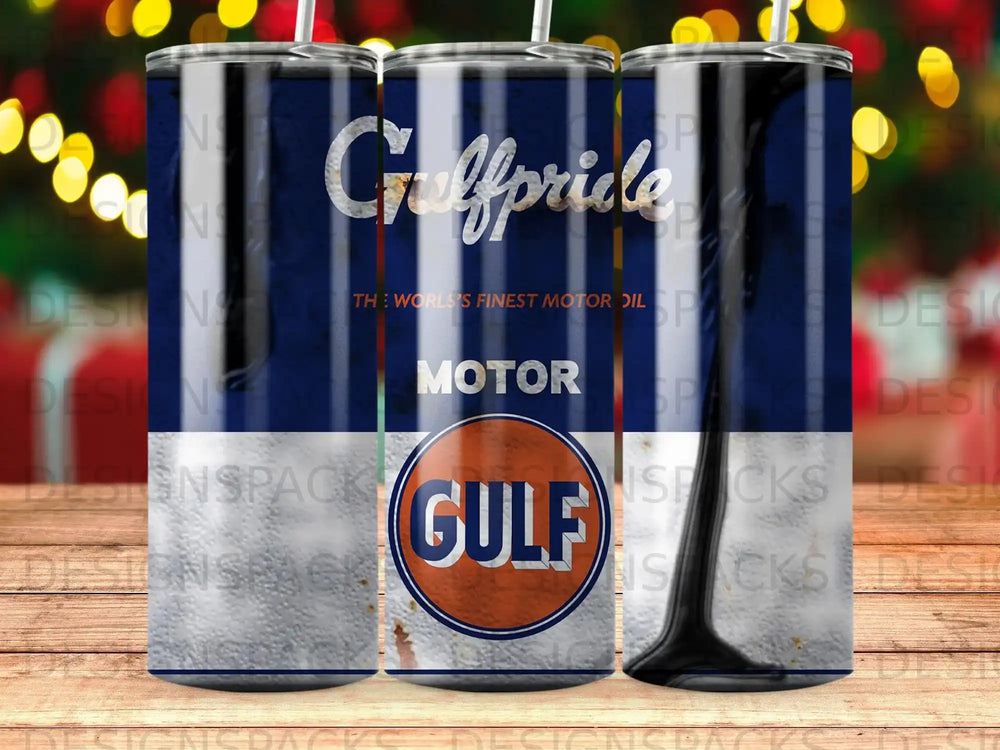 Gulf Oil logo and branding on a blue striped tumbler.