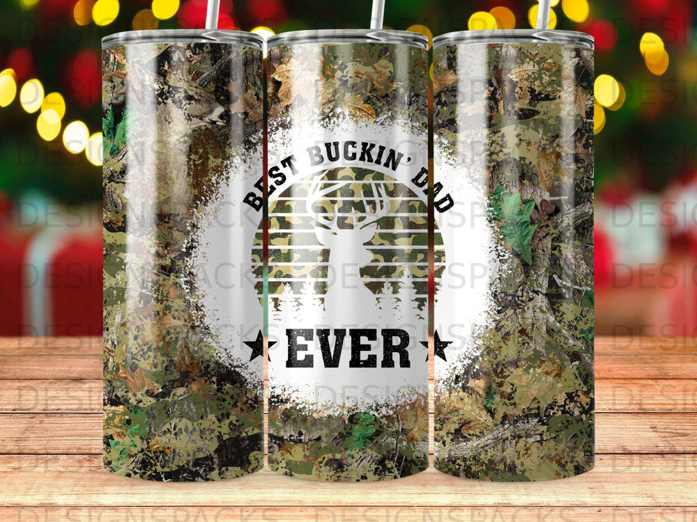 Camouflage tumbler with "Best Buckin' Dad Ever" text and deer silhouette.