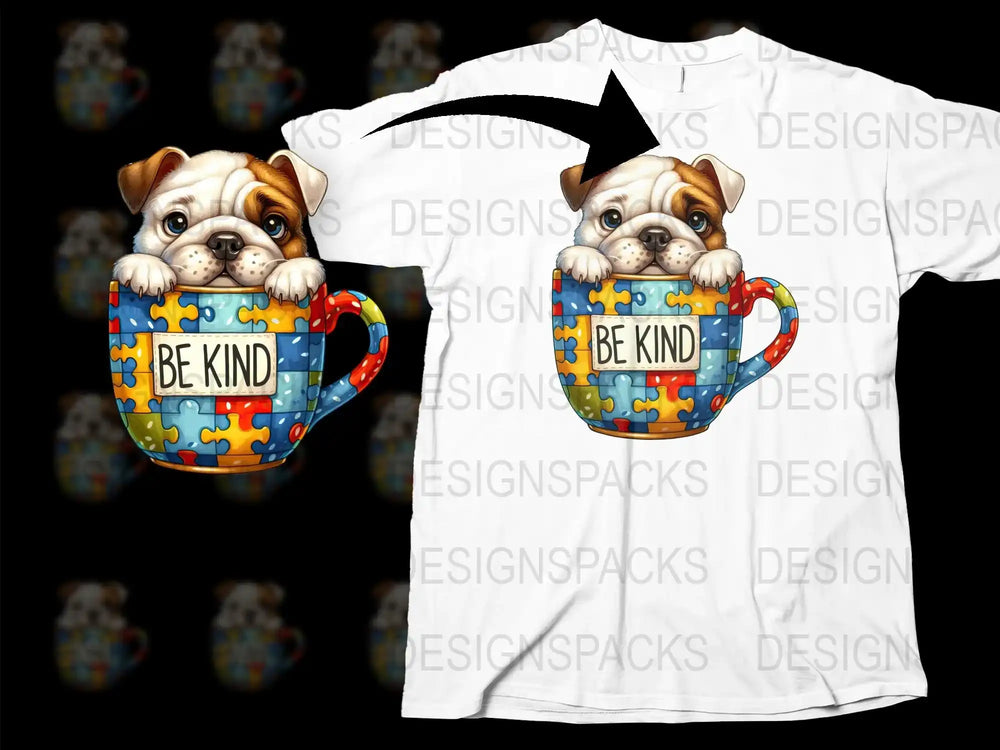 Cute Bulldog in Mug Puzzle Design T-Shirt, Be Kind Motivational Quote, Animal Lover Gift