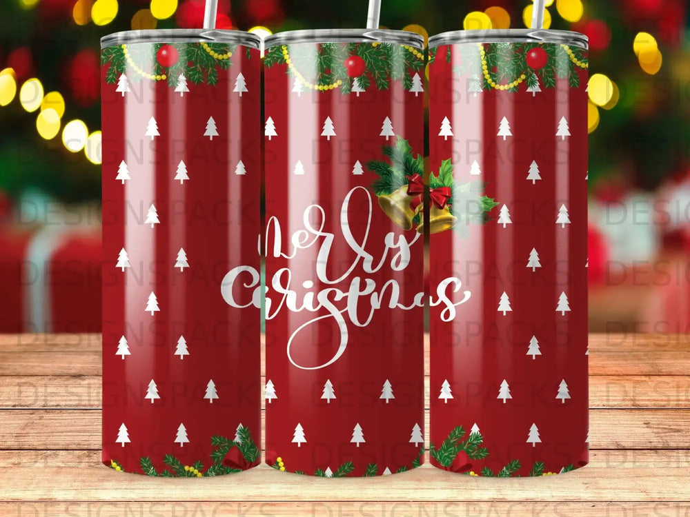 Festive red tumbler with "Merry Christmas" script and Christmas tree pattern.