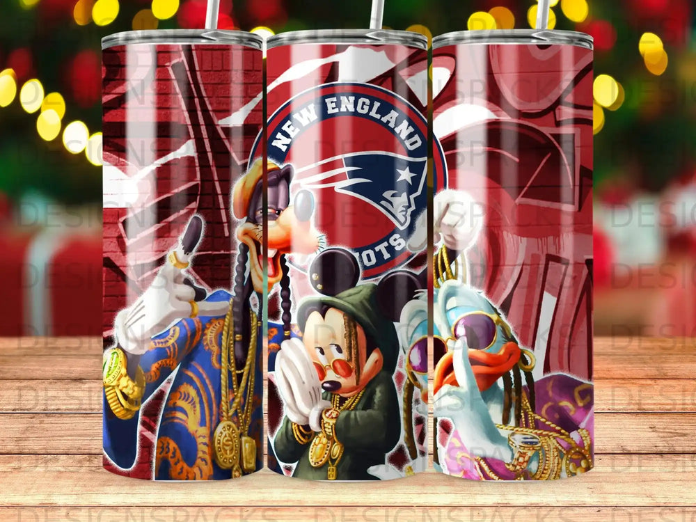 Mickey Mouse and Donald Duck wearing New England Patriots gear and jewelry.