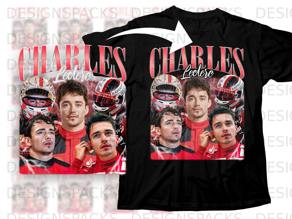 Black t-shirt featuring Charles Leclerc with racing helmets and his name.