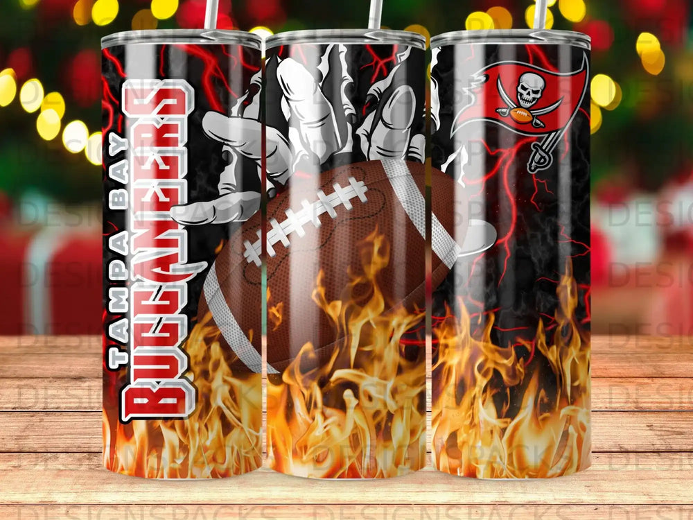 Tampa Bay Buccaneers football with flaming skull and lightning.