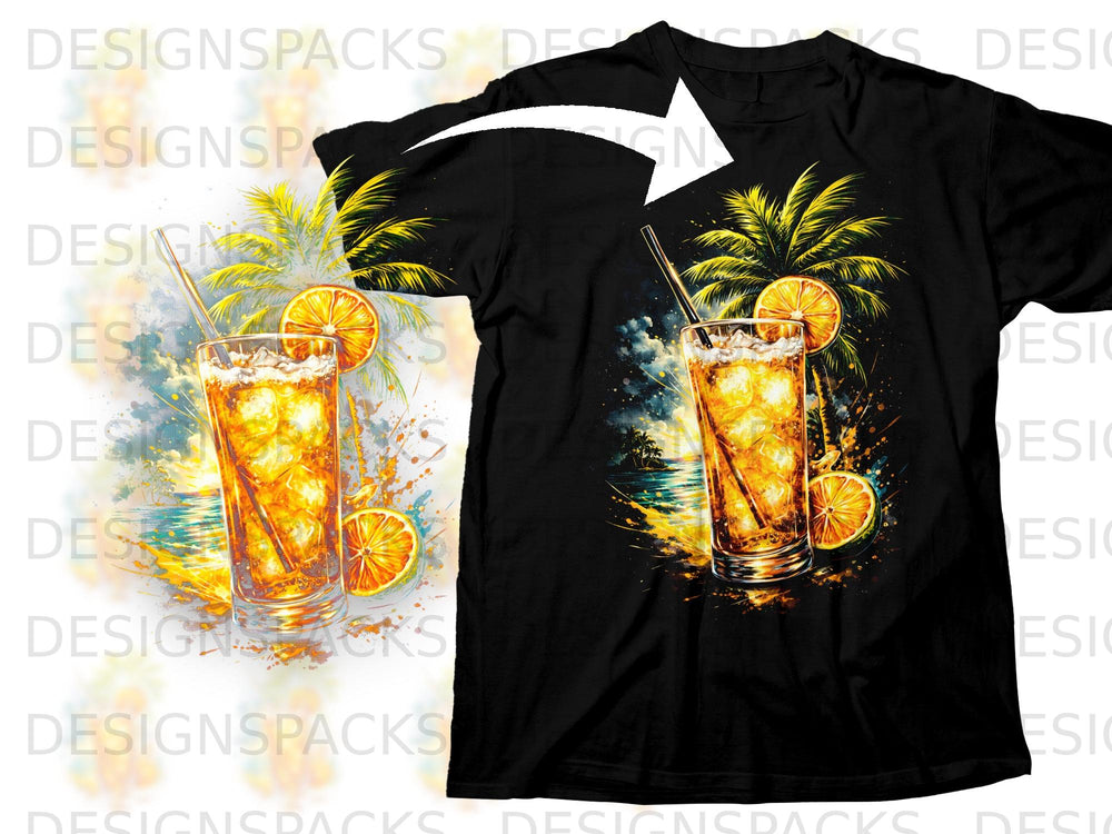 Black t-shirt with tropical drink, palm trees, and ocean scene graphic.