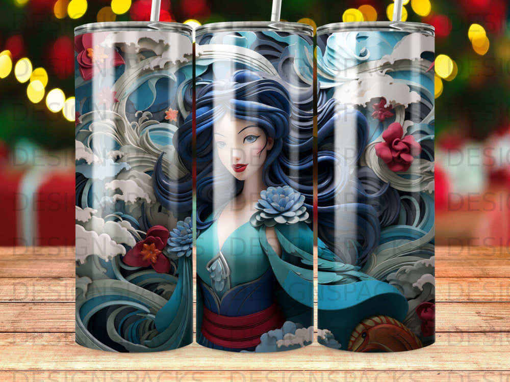 Woman with blue hair and flowing blue robes amidst ocean waves and flowers.
