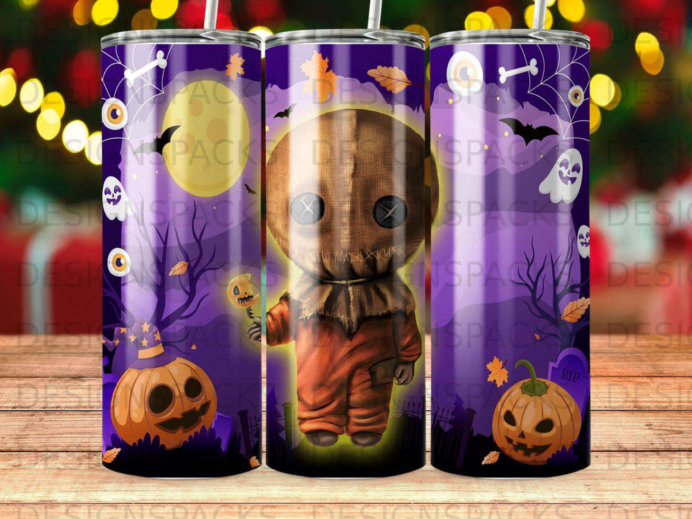 Halloween tumbler with pumpkin, ghost, and scarecrow character.