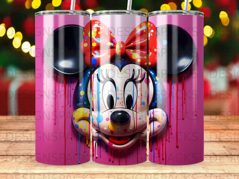 Minnie Mouse with colorful paint splatters and dripping effect.