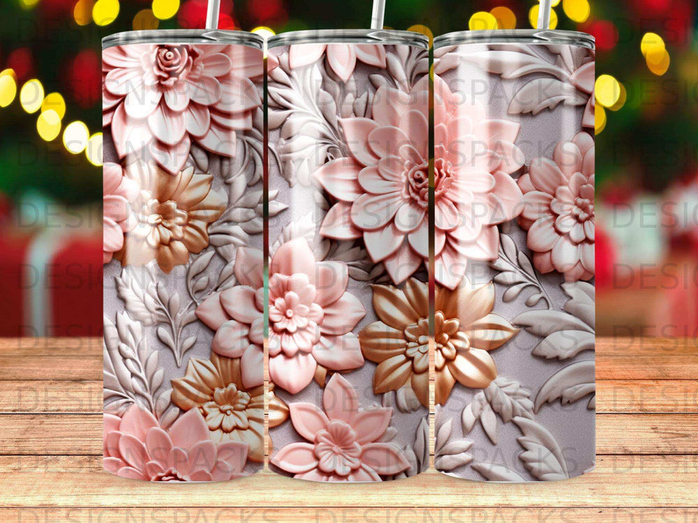 3D floral pattern in pink and rose gold on a tumbler.