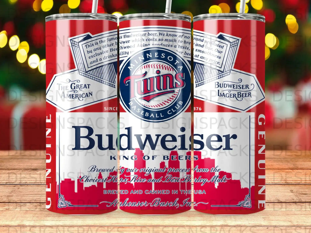 Budweiser beer tumbler featuring a Minnesota Twins baseball theme.